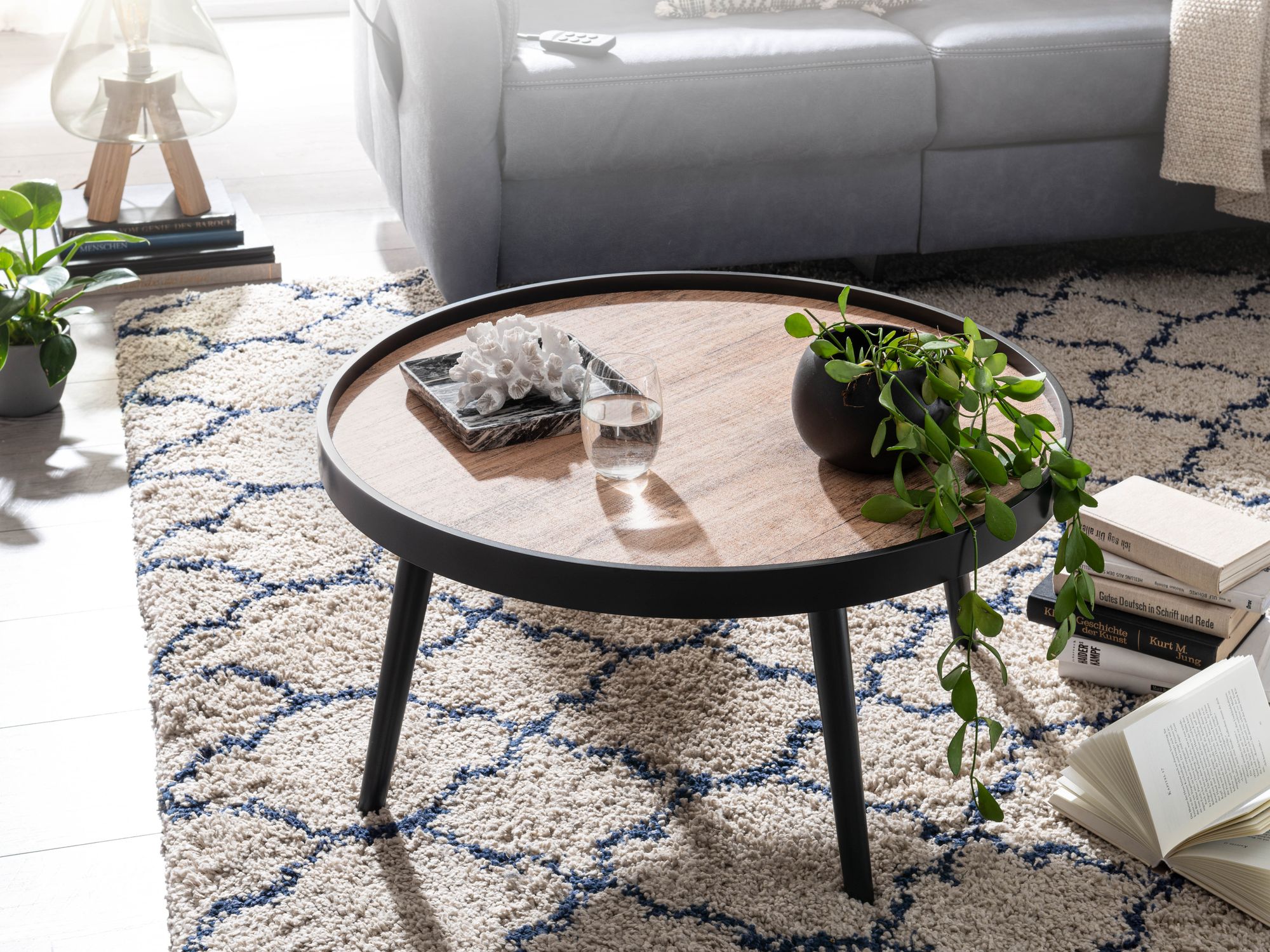 KADIMA DESIGN Couchtisch mit Ablagefläche in Holzoptik, Runder Tisch, Erhöhter Rand