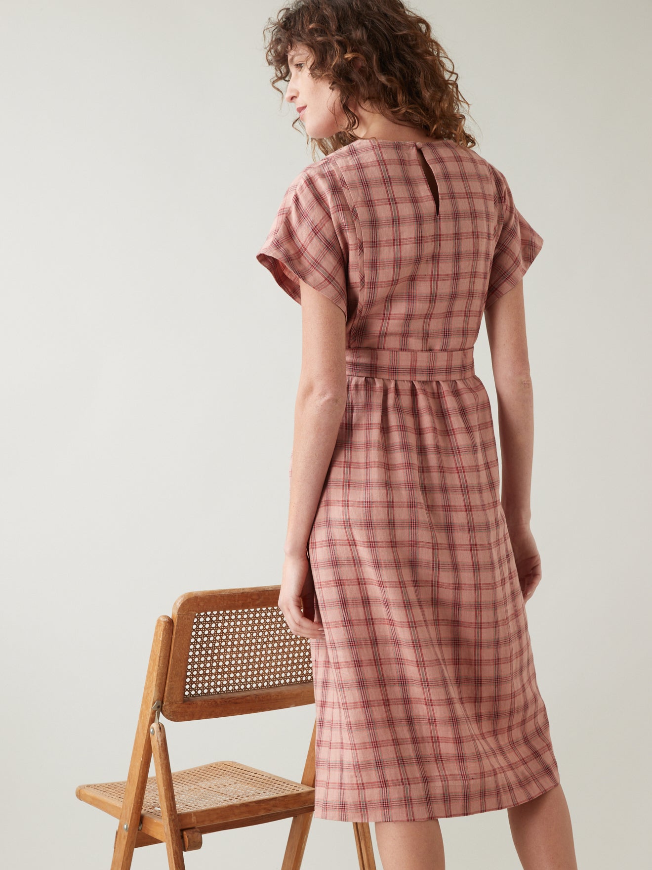 Robe mi-longue carreaux en lin femme