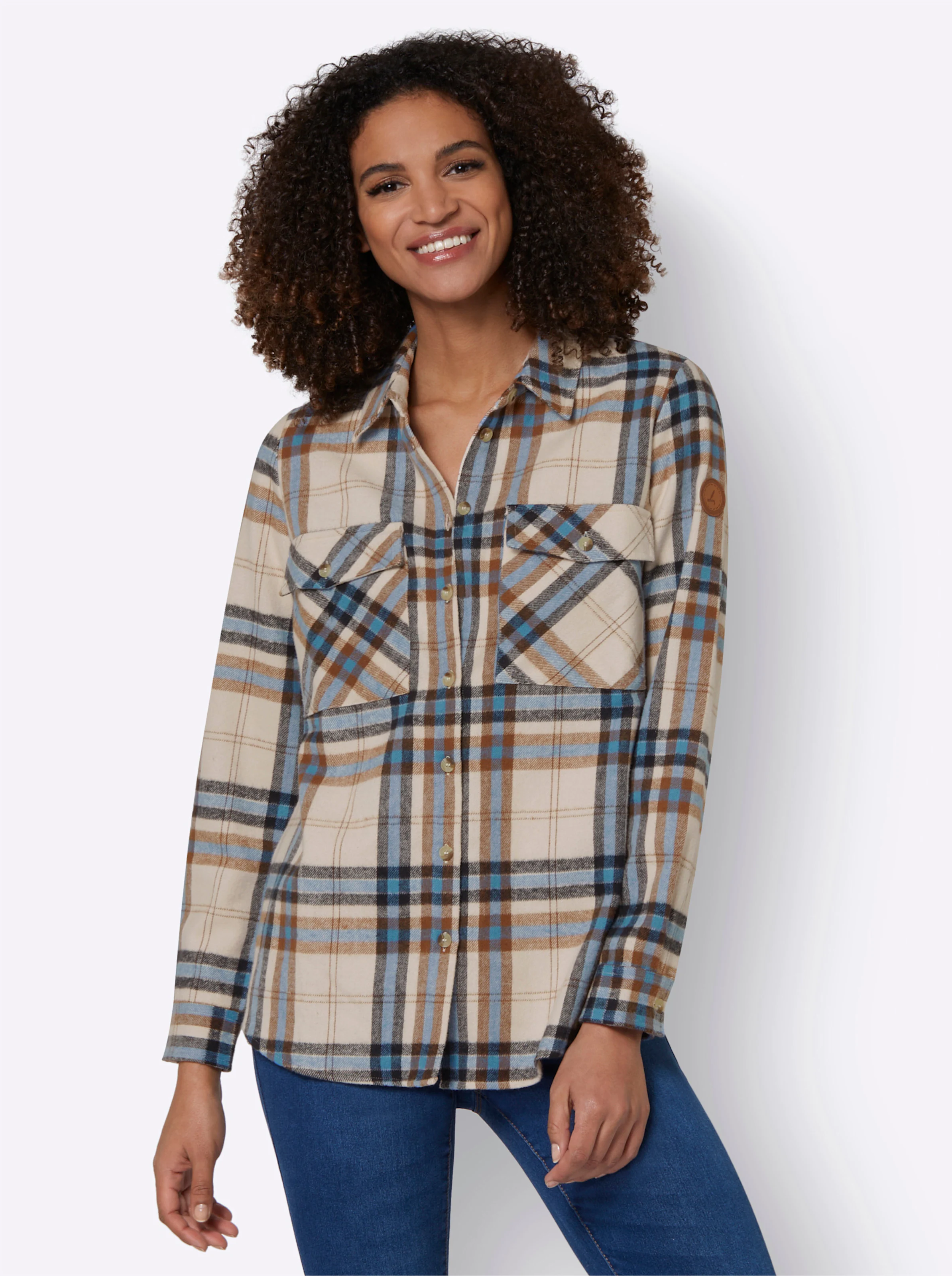 Flanellbluse in mittelblau-elfenbein-kariert