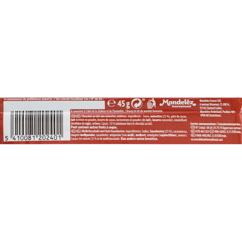 Barre chocolatée lait et noisettes Côte d'Or - 45 g
