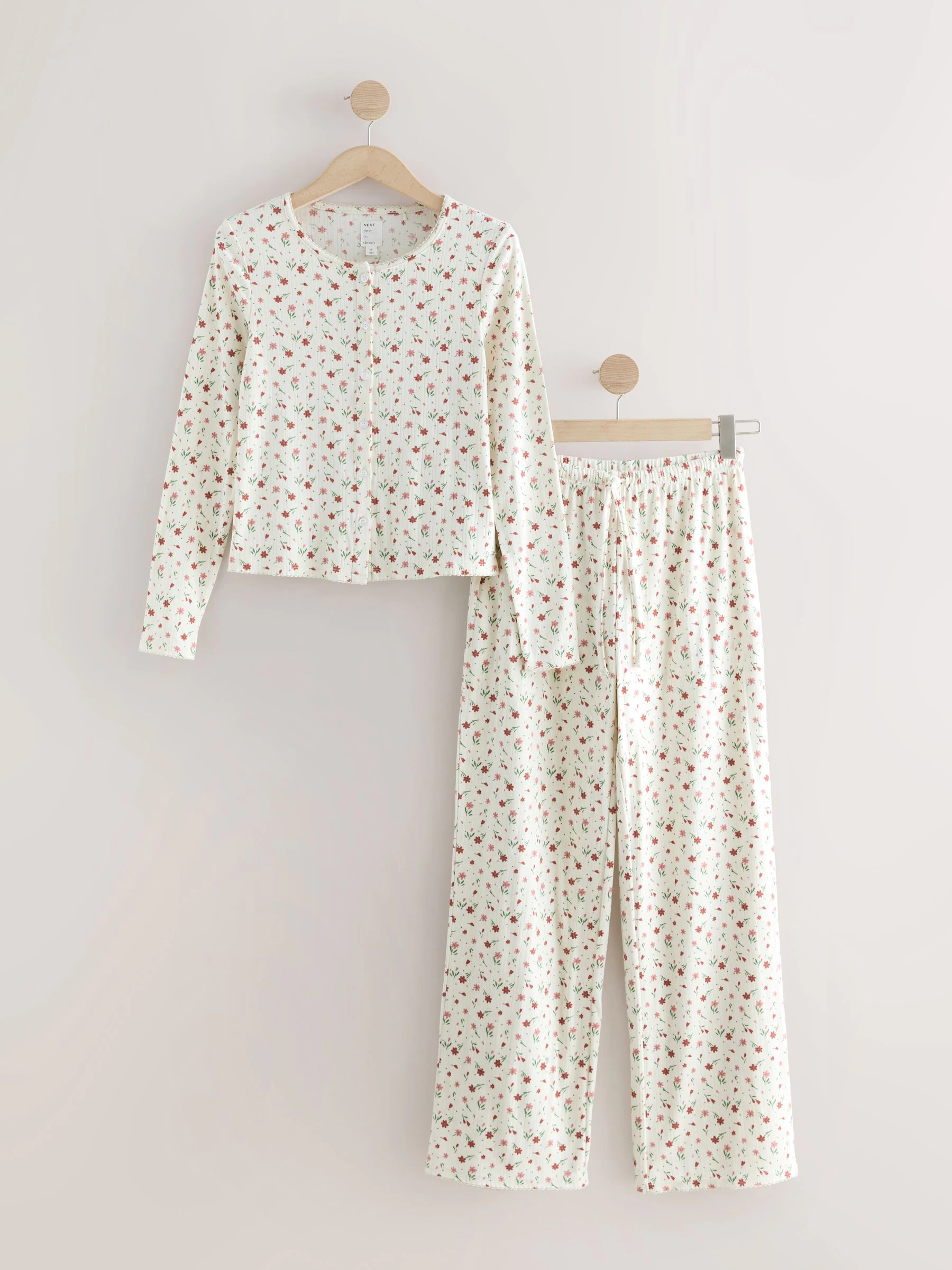 Crème met bloemetjesprint - Cosy Pointelle Long Sleeve Pyjamas