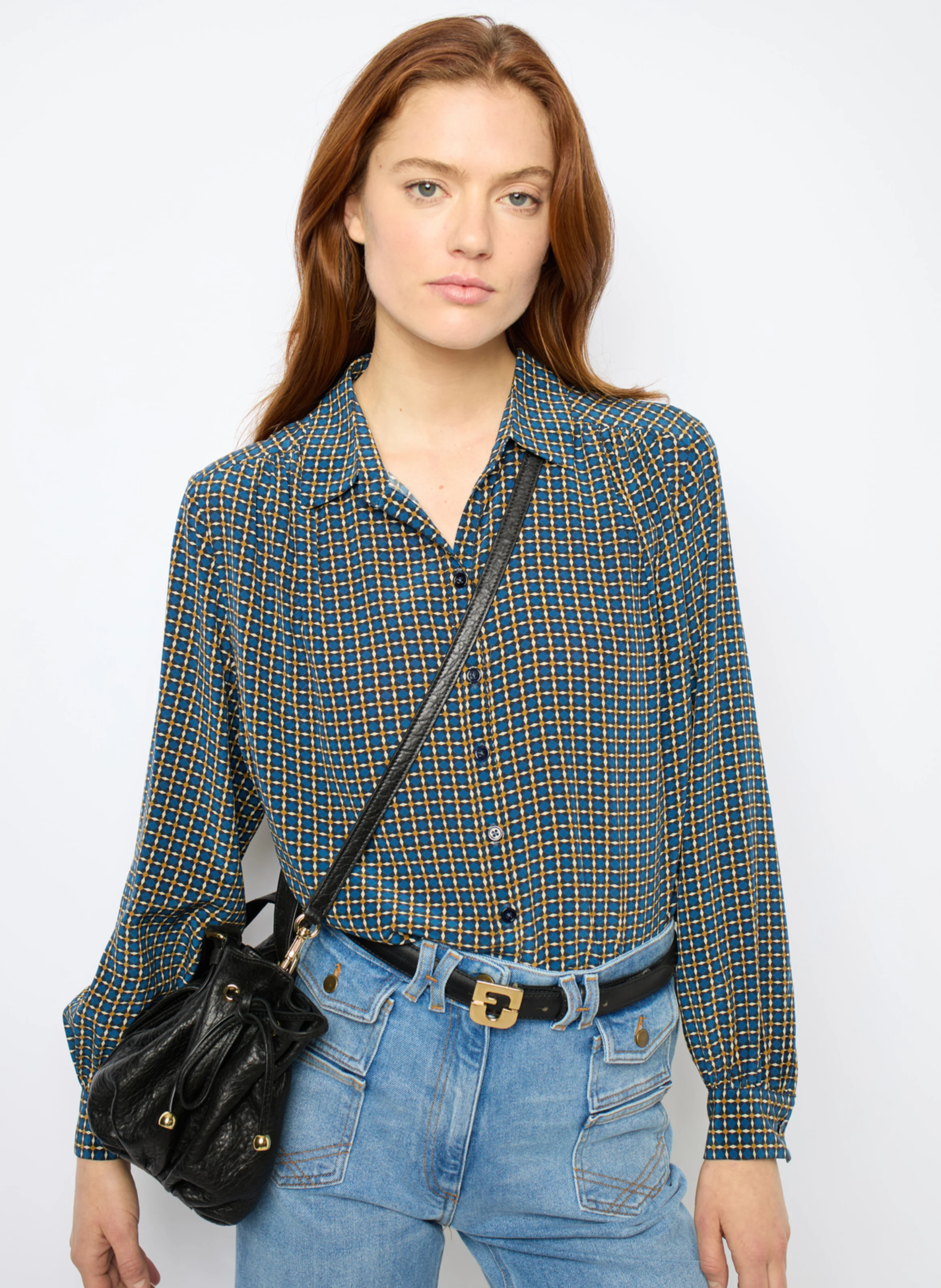 BASTIA - Chemise ample col classique en soie imprimée | Bleu