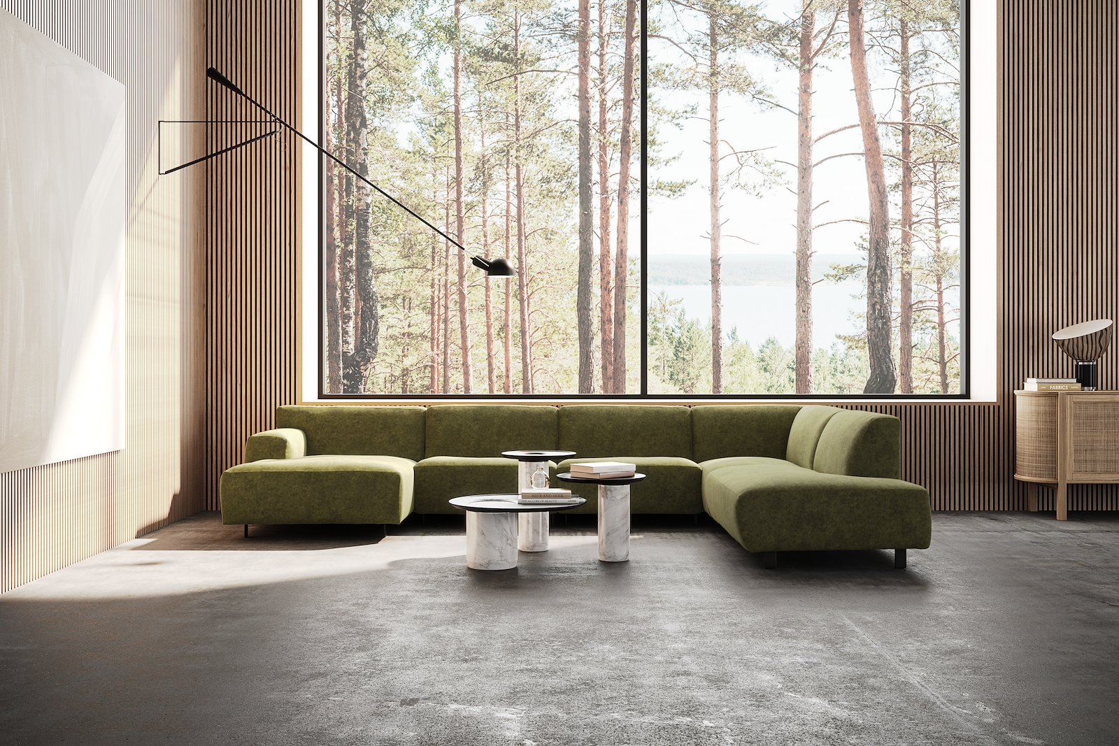 Vesta U-sofa Sjeselong venstre, 3-seter og åpen ende høyre. Big hjørnemodul, Tekstil Eros Forest, sort metallben 10 cm, Comfort CM
