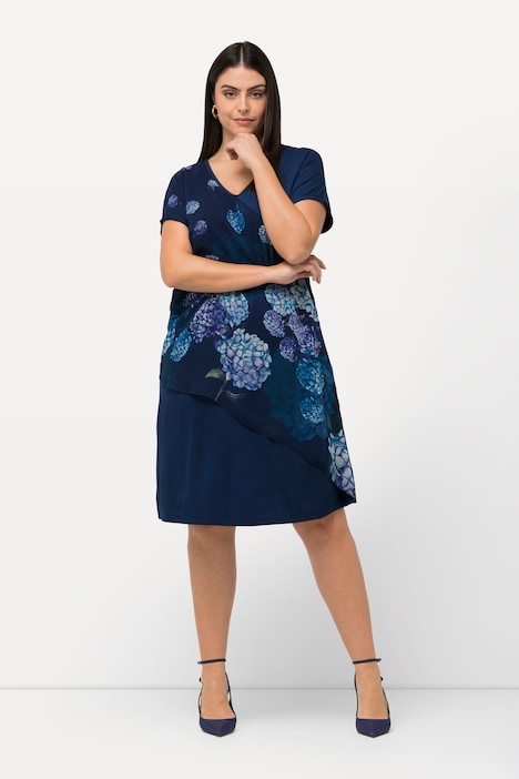 Jerseykleid, Hortensien, V-Ausschnitt, Halbarm