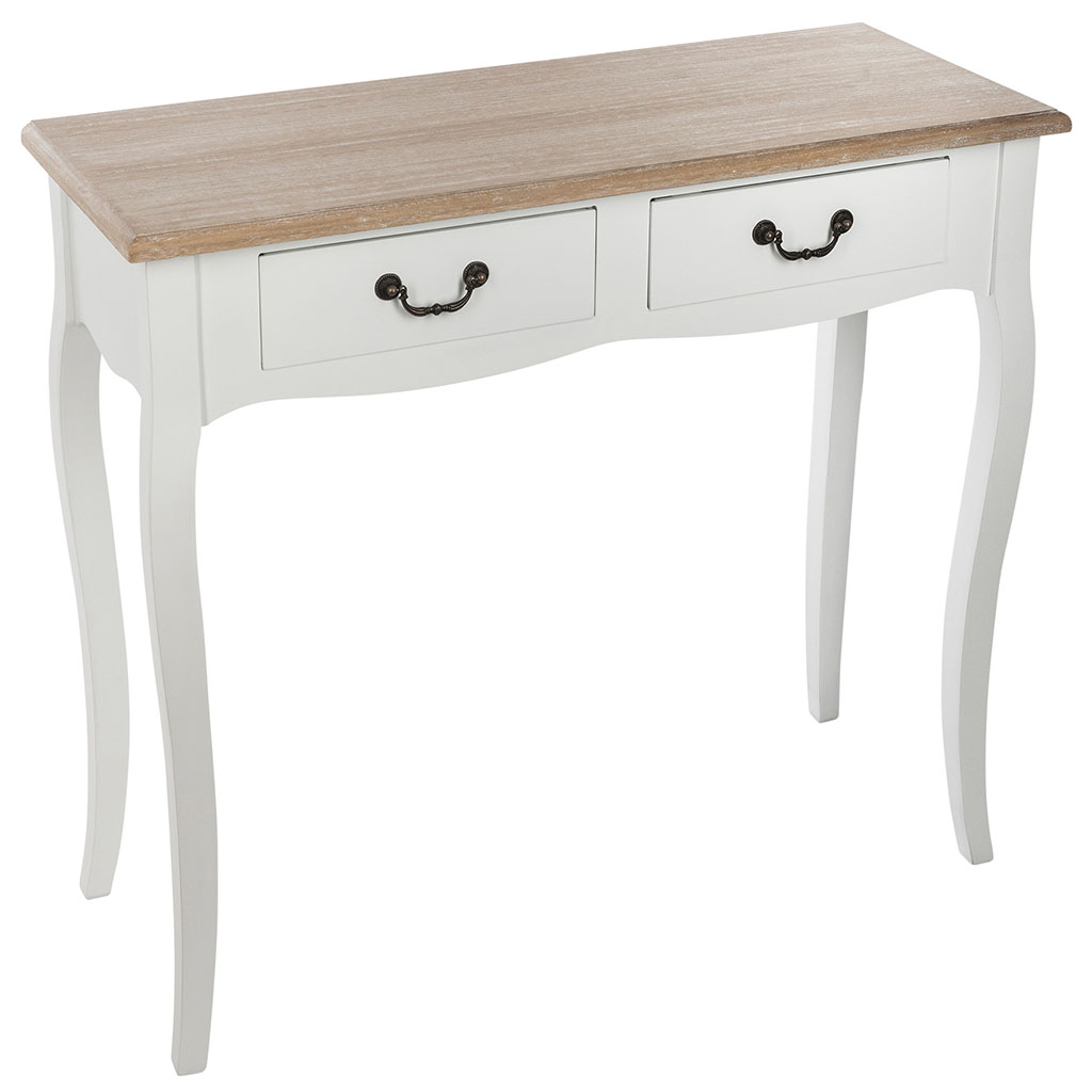 Console charme 2 tiroirs blanche et plateau bois 87x34x78cm - ATMOSPHERA