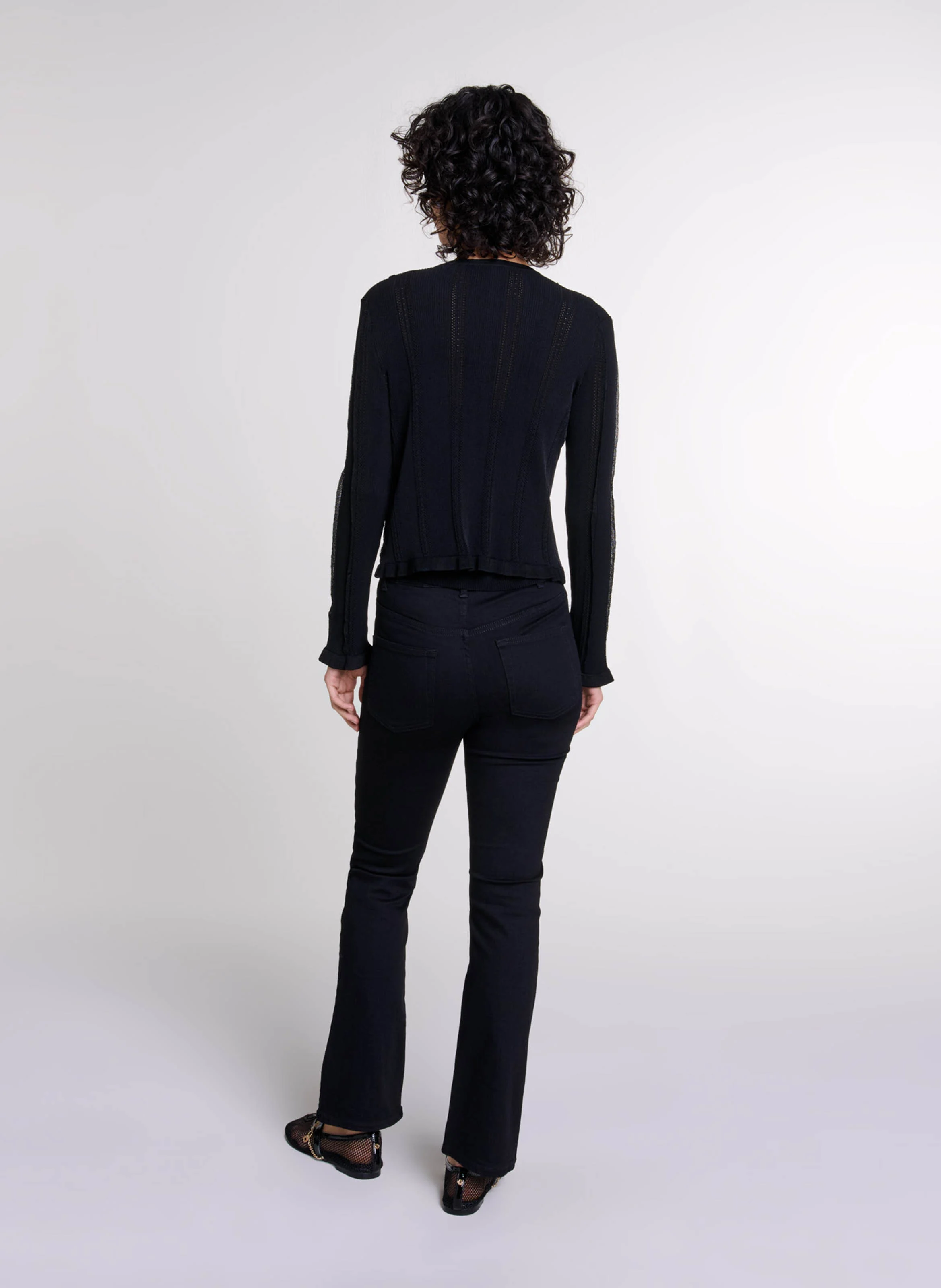 Cardigan droit col rond en maille ajourée | Noir