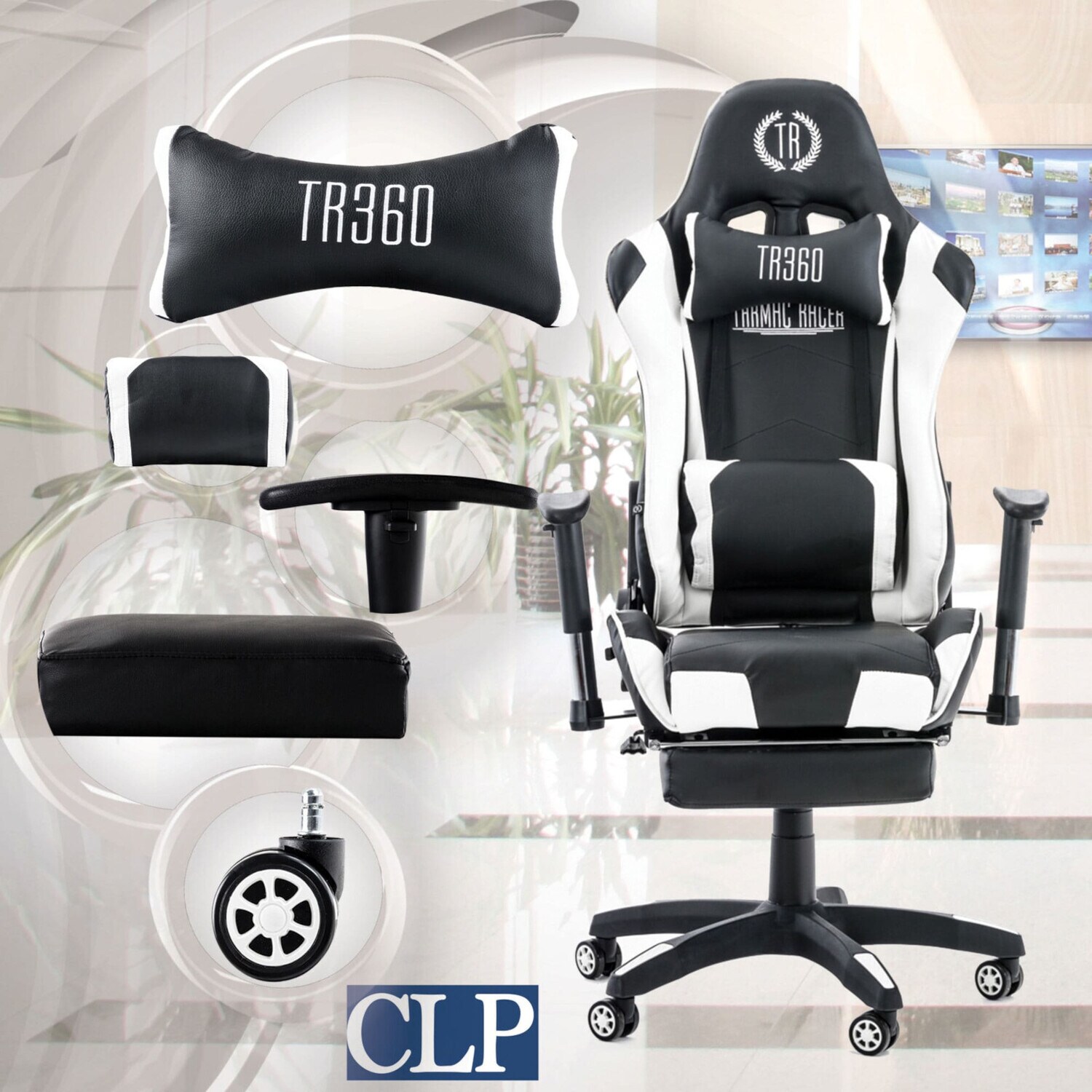 TPFLiving Racing Bürostuhl Turbine mit Fußablage Schwarz/Blau