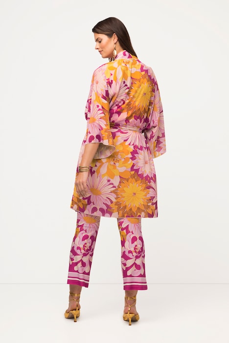 Kimono, Blüten, Bindegürtel, Schalkragen, 3/4-Arm