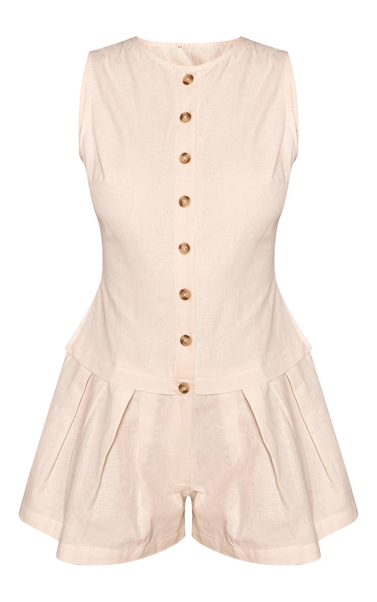 Crème Combi-short Aspect Lin À Détail Boutons Et Ourlet Plissé