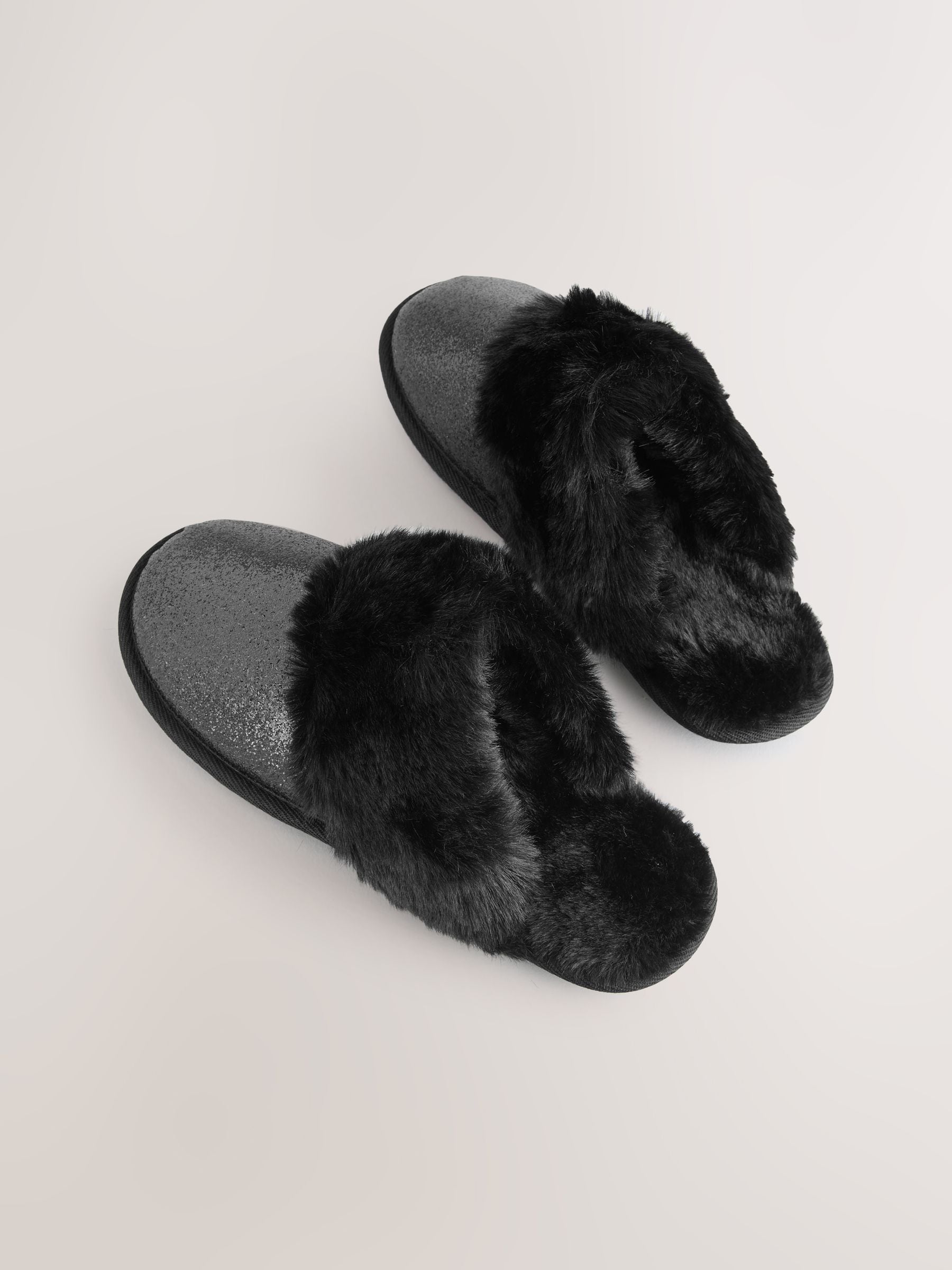 Zwart - Faux Fur Glitter Mule Slippers