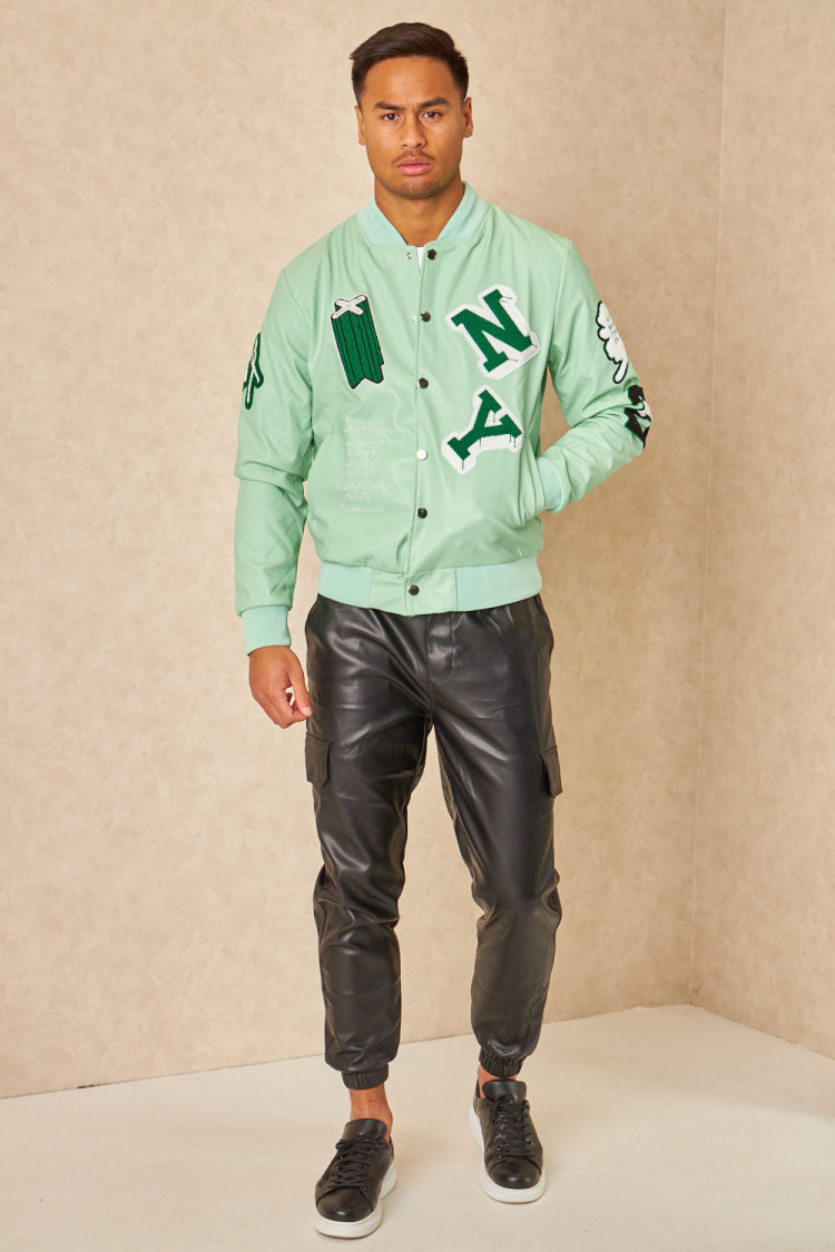 Bomber en simili cuir vert clair brodée 