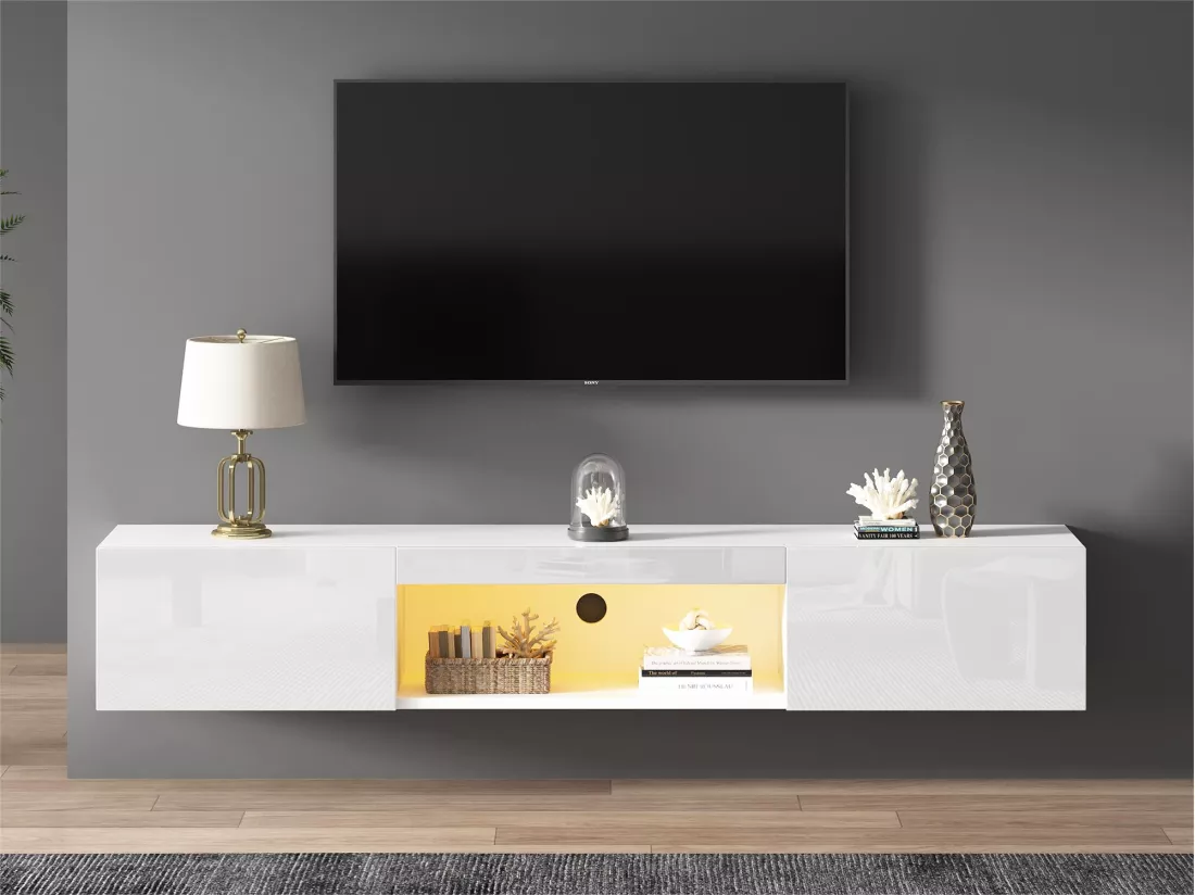 Meuble TV suspendu 160cm - 1 compartiment ouvert & 2 portes abattantes - aspect brillant - Blanc