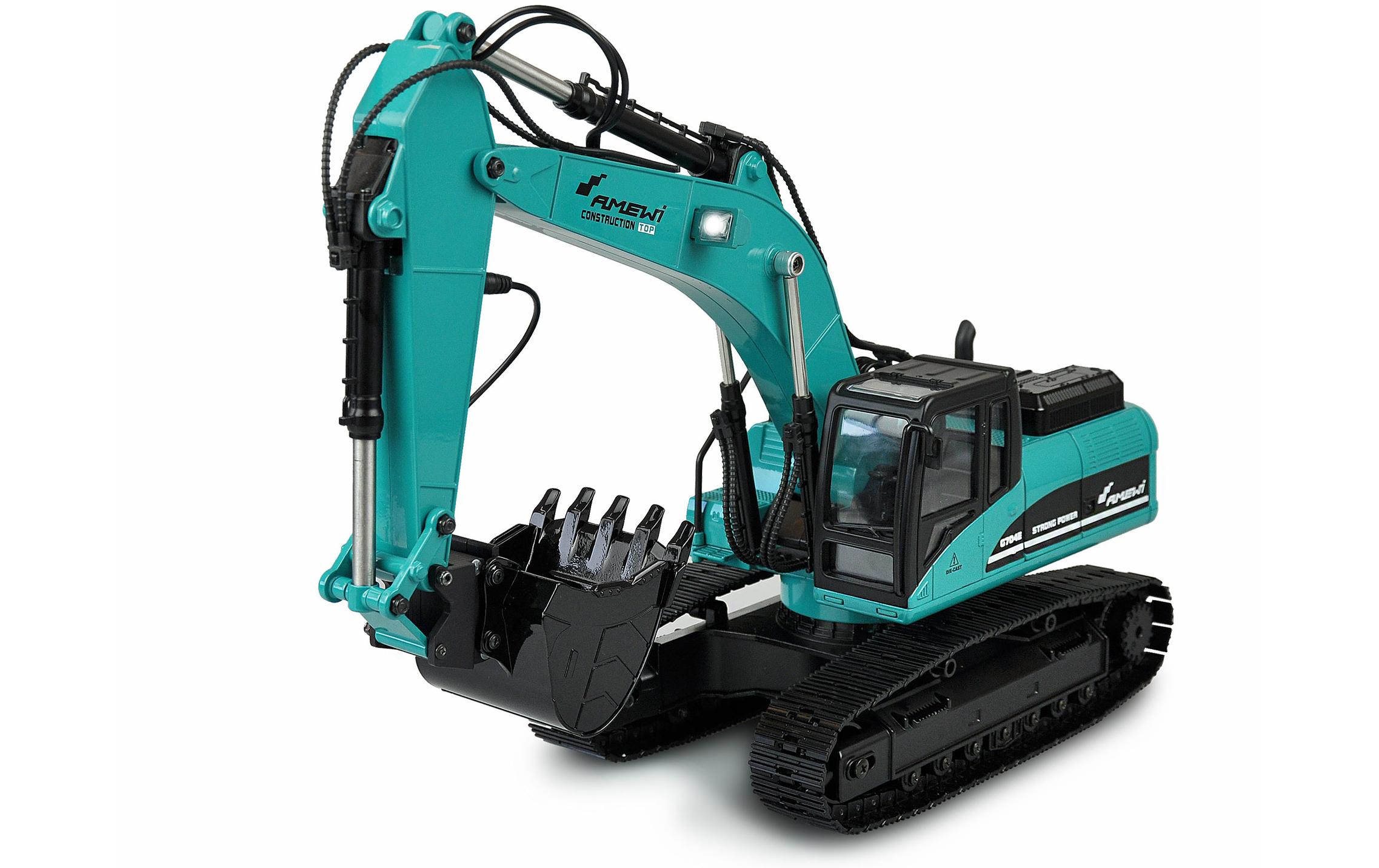 Kettenbagger G704E Vollmetall Petrol, 1:14, RTR<br>Exklusiver Vollmetall Bagger in einer Sonderlackierung und elektronischen Schnellwechsler