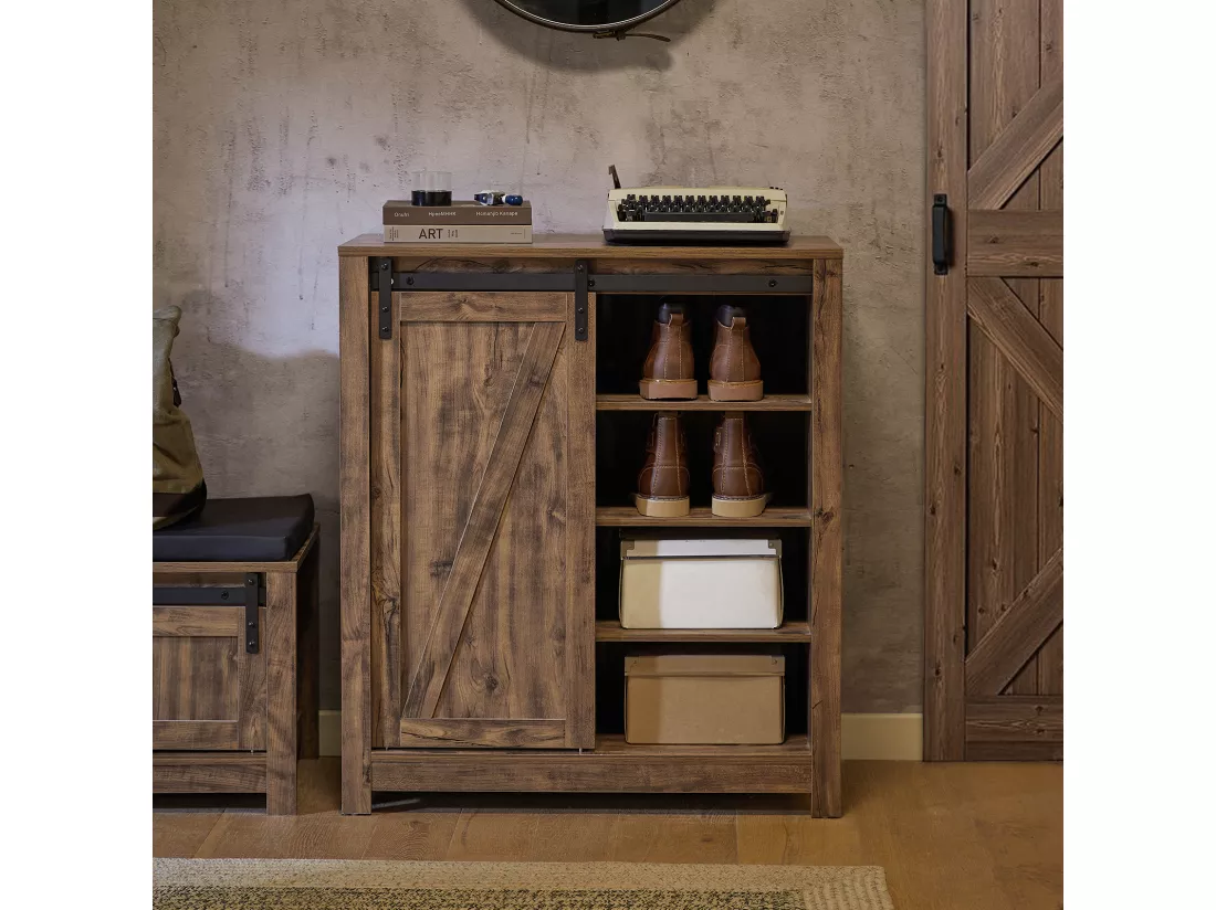 Meuble Bas Meuble Colonne Commode Avec Porte De Grange Coulissante Armoire À Chaussures, Fsb59-n