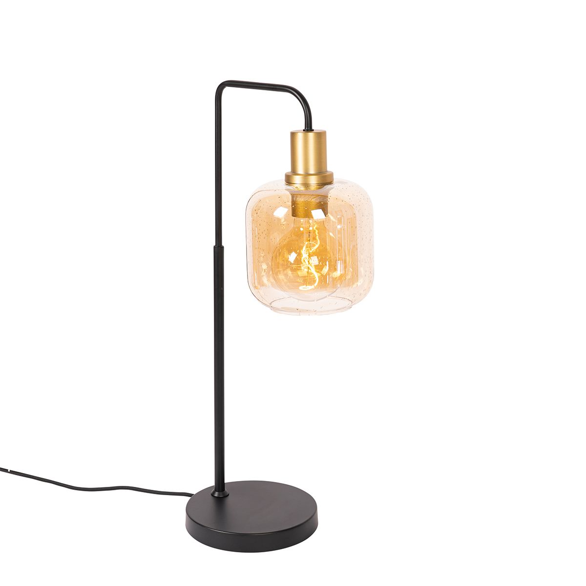 Design tafellamp zwart met messing en amber glas - Zuzanna