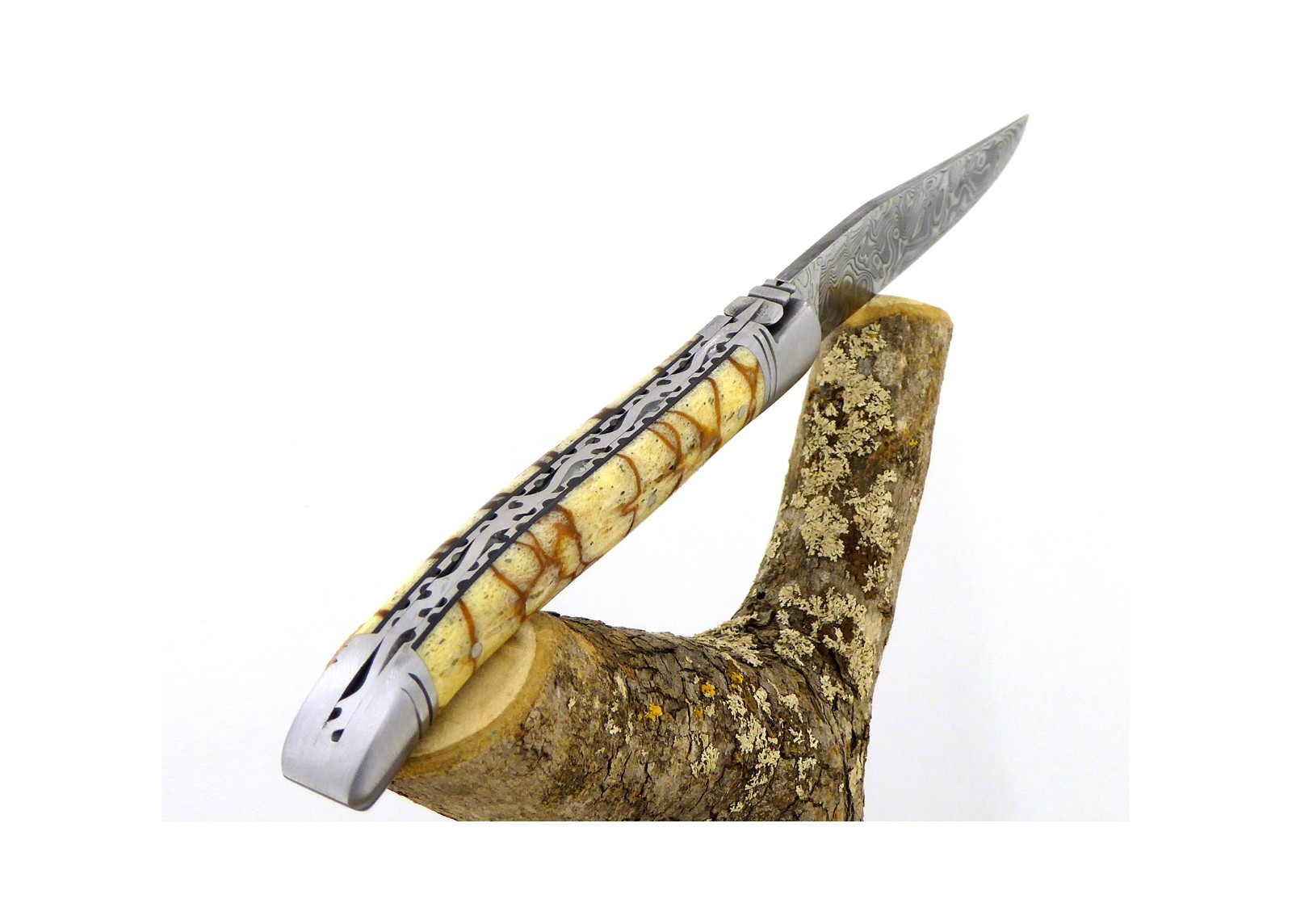 VENDU - Couteau Laguiole avec un manche en corail Fossile Tigré et une lame Damas