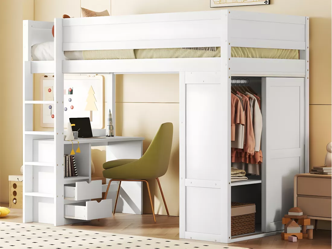 Lit mezzanine 90x200cm - lit enfant multifonctionnel - équipé d'une armoire et un bureau - en pin massif - Blanc