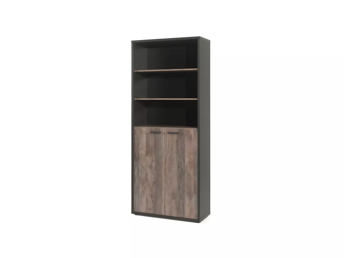Bibliothèque de Bureau - Meuble 2 Portes et étagères Chêne vieilli et Noir | Collection SOON | Meublorama