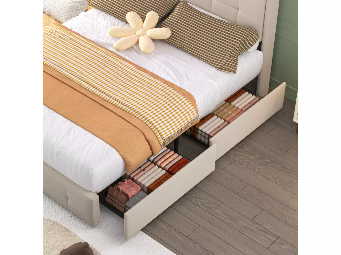 Lit double rembourré 140x200 cm Lit adulte avec lit gigogne éclairage LED 2 tiroirs ports USB et sommier à lattes - beige