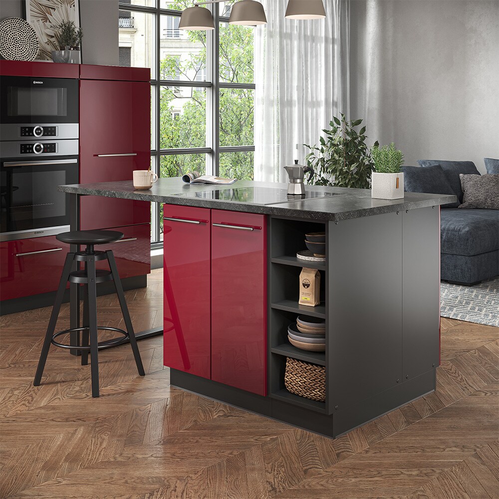 Vicco Kücheninsel Küchenblock Einbauküche Fame-Line Anthrazit Bordeaux Rot 90 cm modern Hochglanz Küchen Schränke Regalunterschrank Küchenunterschrank Regalinselunterschrank Softclose-Scharnier Küchenmöbel