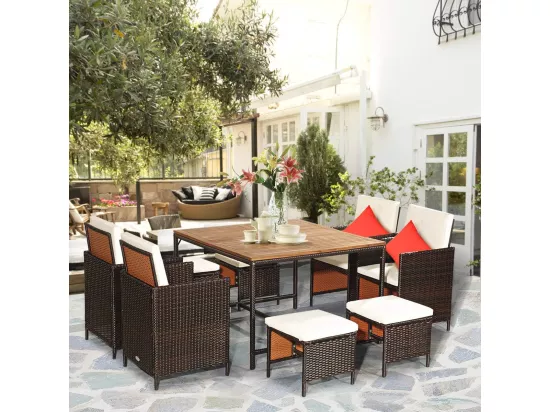 Salon de Jardin 9 Pièces, Ensemble Meuble de Terrasse avec Coussins et Repose-Pieds et Table en Rotin et fibre naturelle PE pour Véranda, Patio, Jardin, Terrasse, Piscine(Blanc)
