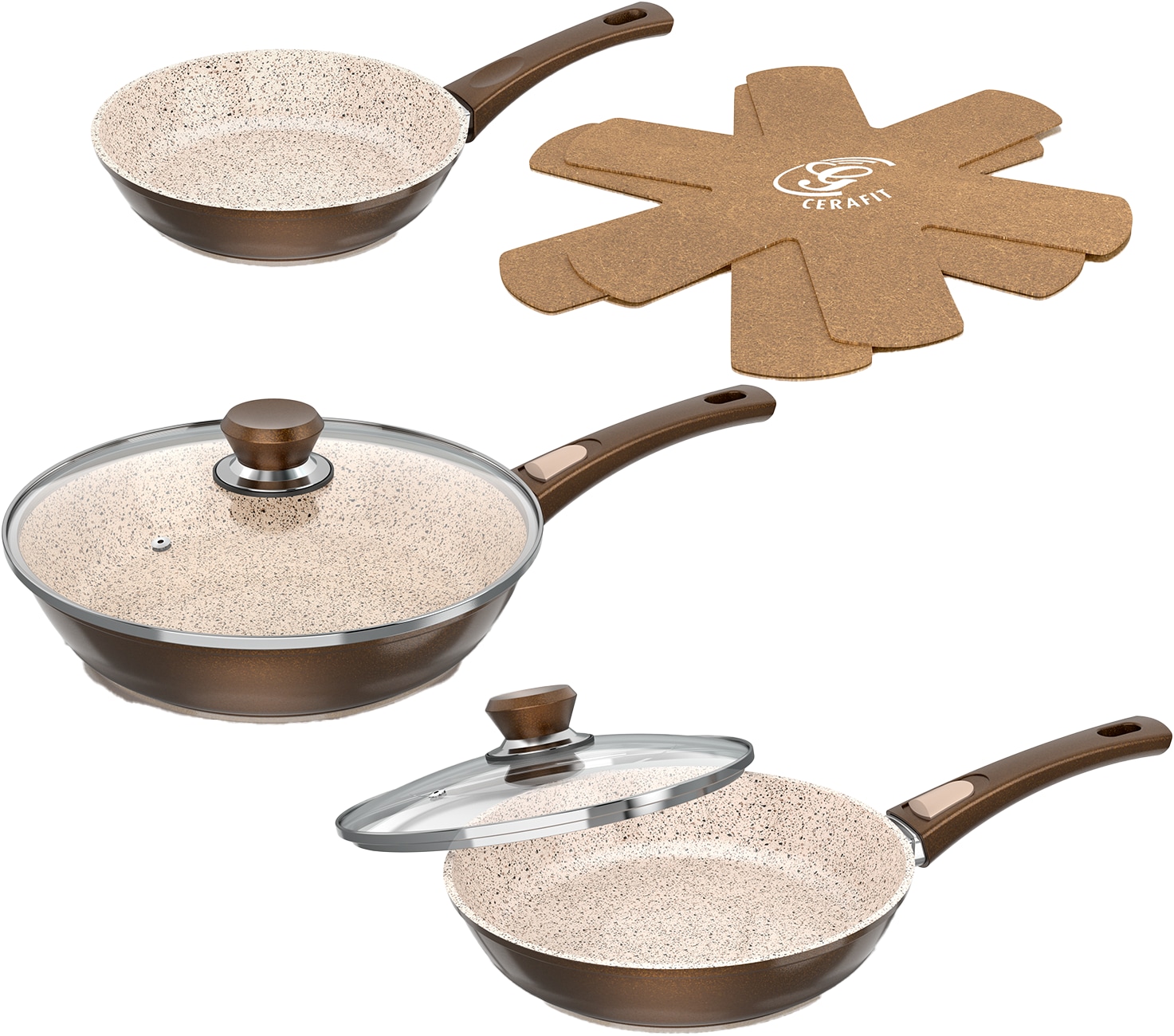Genius Pfannen-Set »Cerafit Granit - Grand-Edition Pfanne, 7-teiliges Set« Edelstahl Set, je 1x Pfanne + Deckel 24 cm + 28 cm, 1x Pfanne 20 cm, 2x Einleger, 7 Stk. tlg. geeignet für Aufläufe, zum Schmoren o. Backen - ohne Griff und Deckel