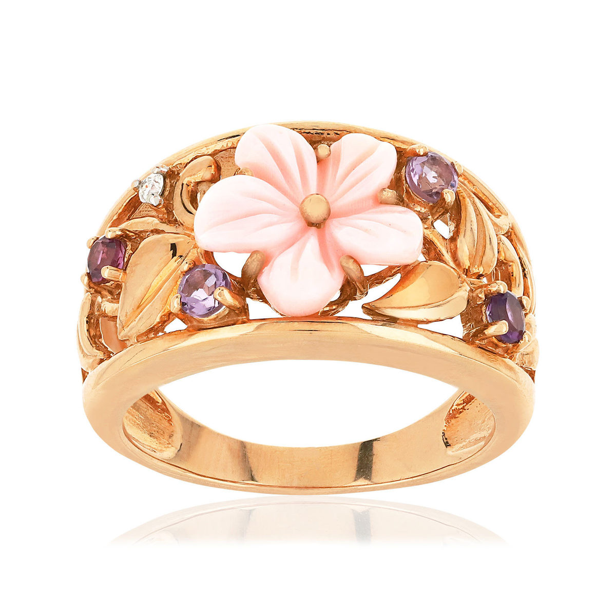 Bague or 375 rose fleur nacre rose pierres fines et diamants