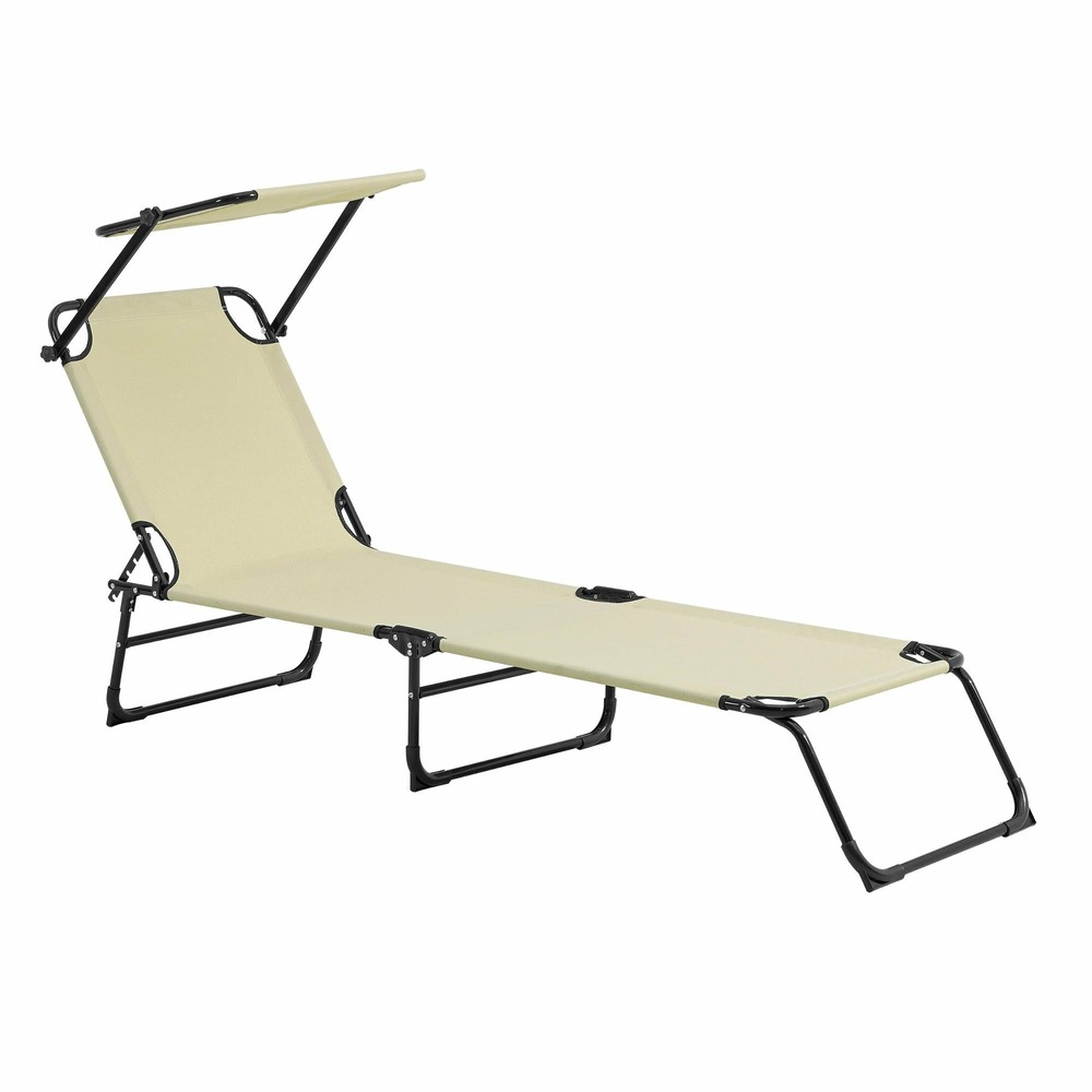 Bain de soleil transat chaise longue pliable avec pare-soleil acier pvc polyester 187 cm crème