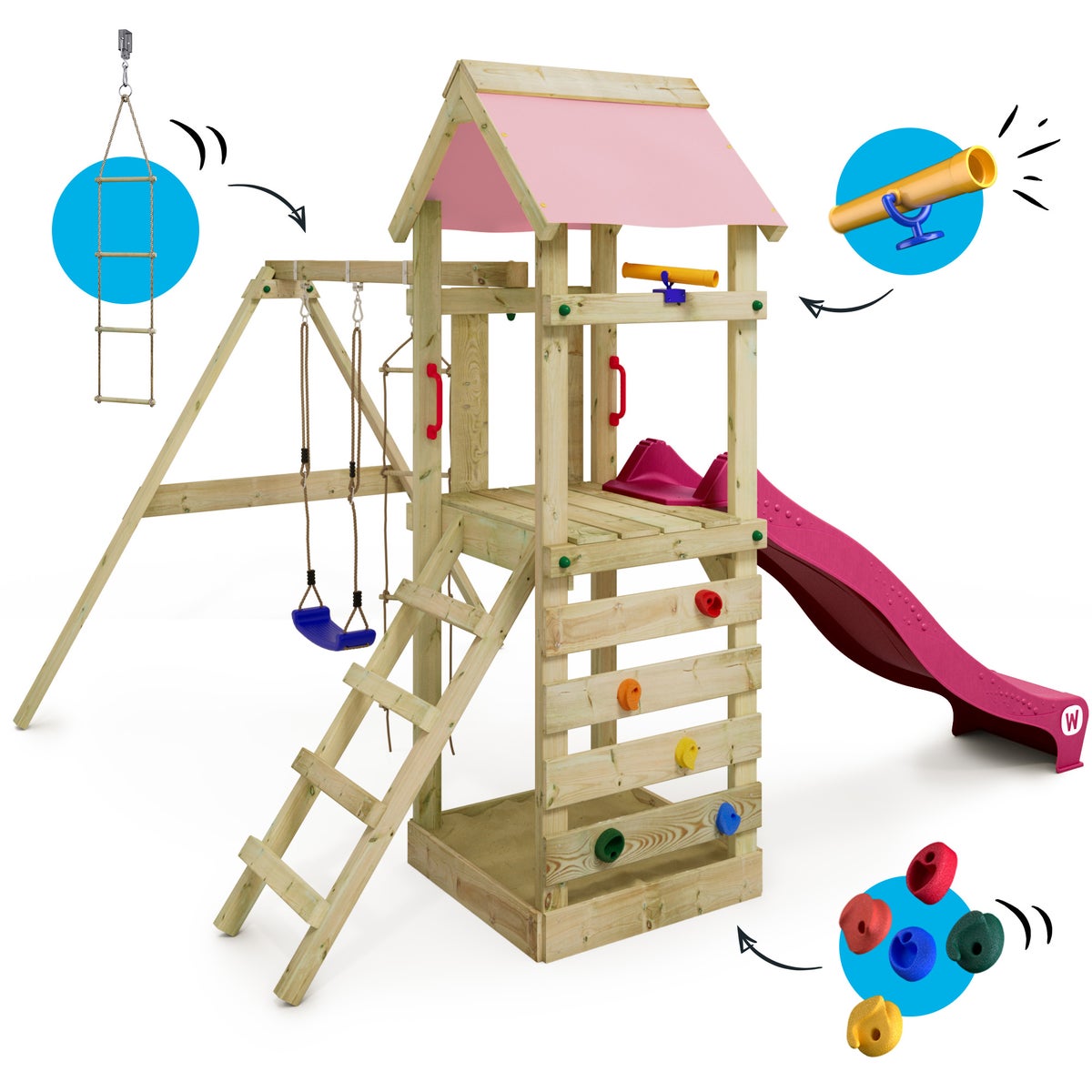 WICKEY FreeFlyer Speeltoren Klimrek met Schommel en Glijbaan, Klimtoren met Zandbak, Ladder en Speelaccessoires – Pastel Roze
