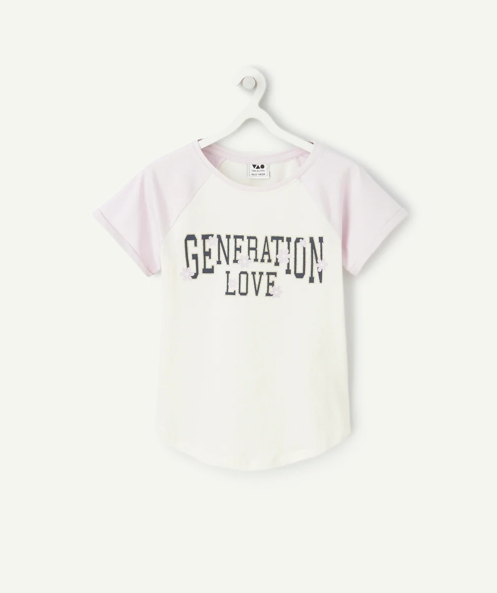 T-SHIRT FILLE EN COTON BIO MAUVE ET ÉCRU MESSAGE GENERATION LOVE