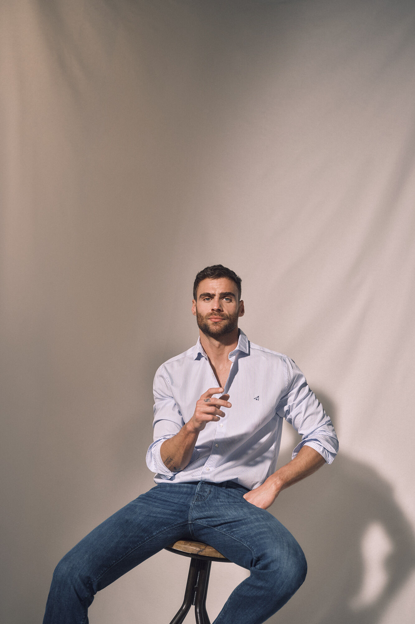 Camisa Slim de Manga Comprida com Mil Listras - Azul