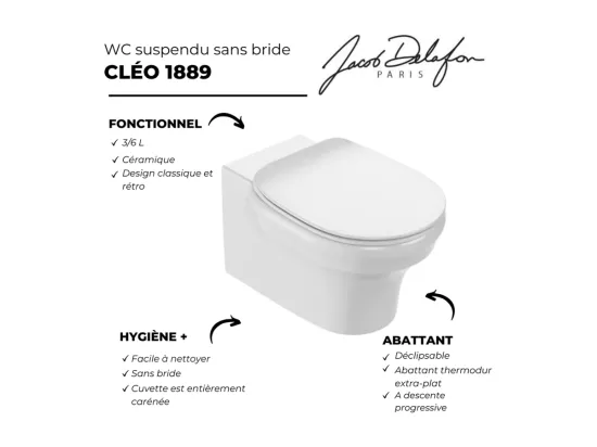 Pack WC suspendu sans bride à économie d'eau JACOB DELAFON Cléo 1889 + abattant + bâti-support + plaque rectangle blanche