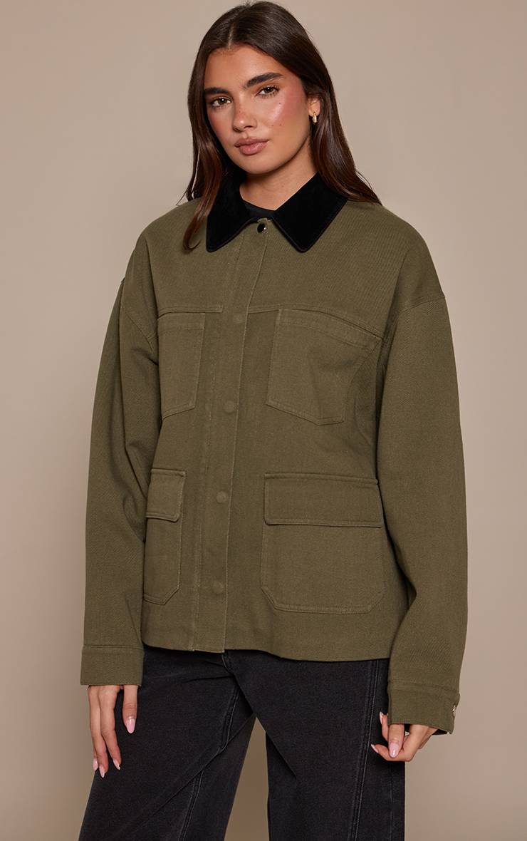 Kaki Veste En Faux Suède Avec Col Contrasté Et Détails De Poches