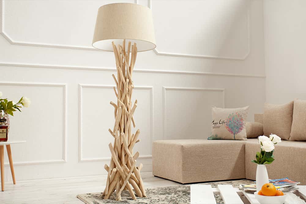 Handgefertigte Treibholz Stehlampe WILD NATURE 155cm sand mit Leinenschirm