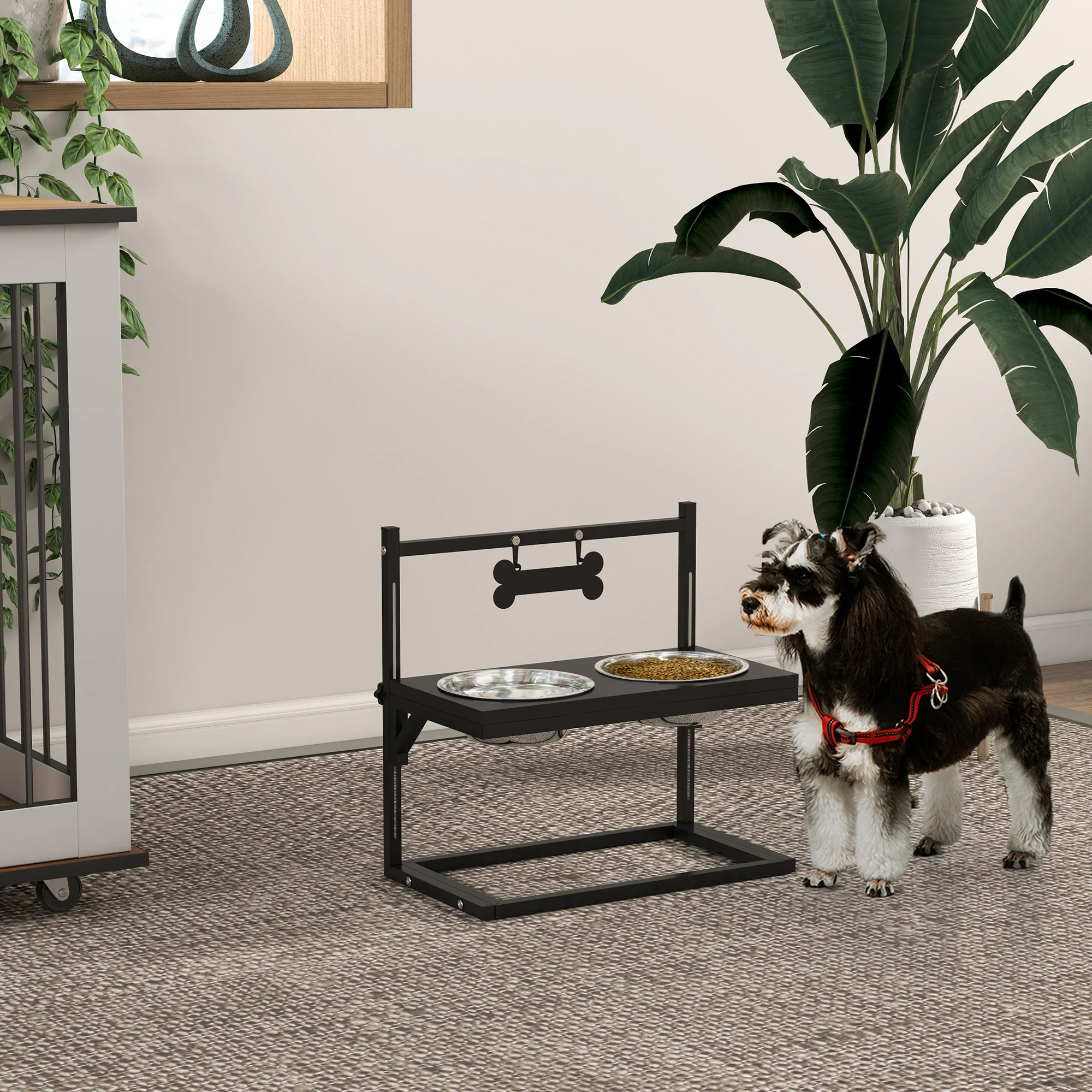 PawHut Futterstation mit individueller Höhenanpassung und selbst personalisierbarem Namensschild schwarz 40,5L x 22B x 39H cm