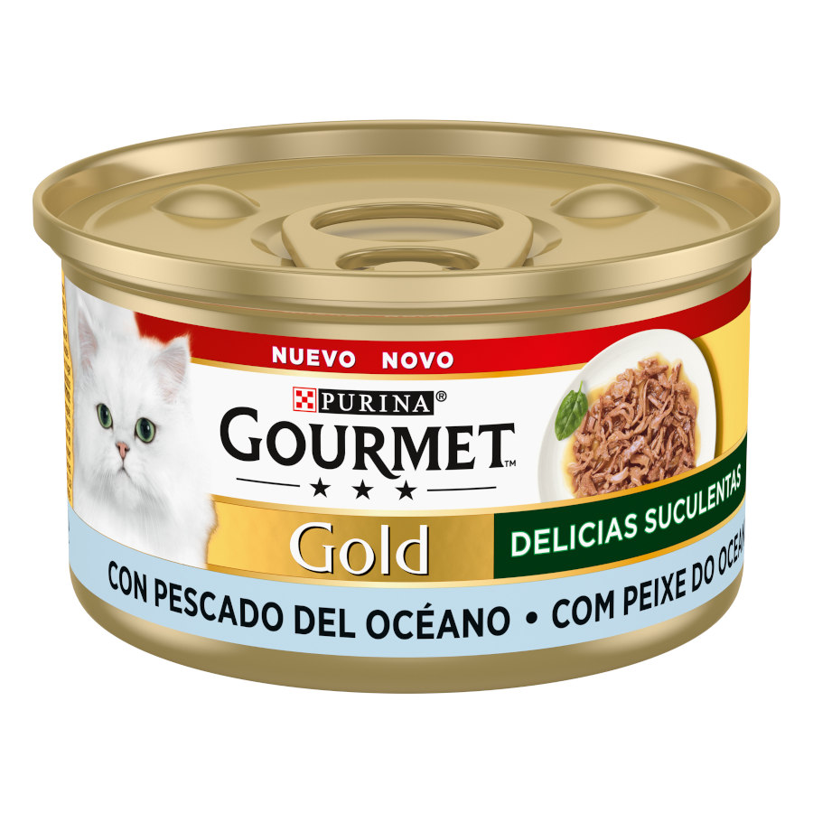 Delícias suculentas Gourmet Gold com peixe do oceano em molho, em lata, para gatos.