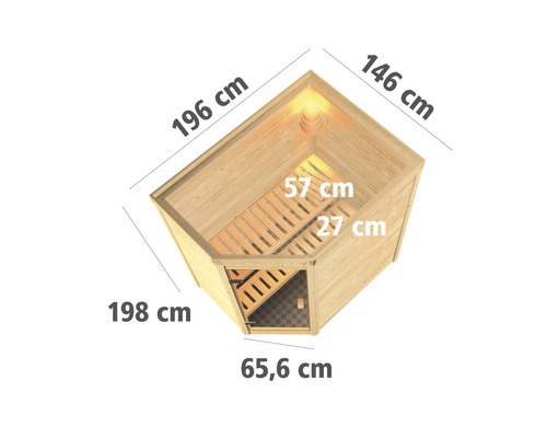Karibu Svea blokhutsauna inclusief 9 kW kachel en geïntegreerde bedieningseenheid, zonder dakrand, met gebronsde volledig glazen deur