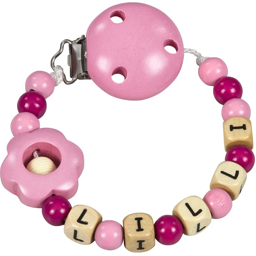 Schnullireich Schnullerkette mit Namen Blume (Holz-Buchstaben) Rosa