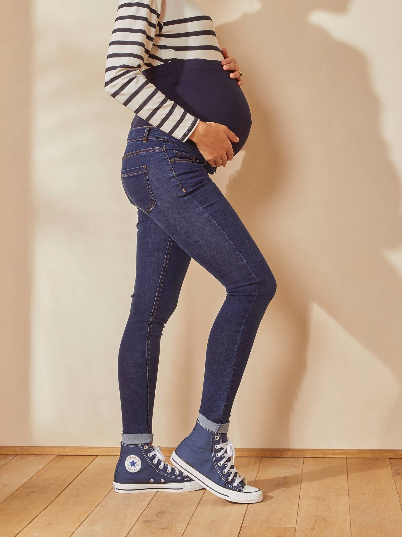 Calça jeans skinny de gestante com cós sem costura, azul escuro liso