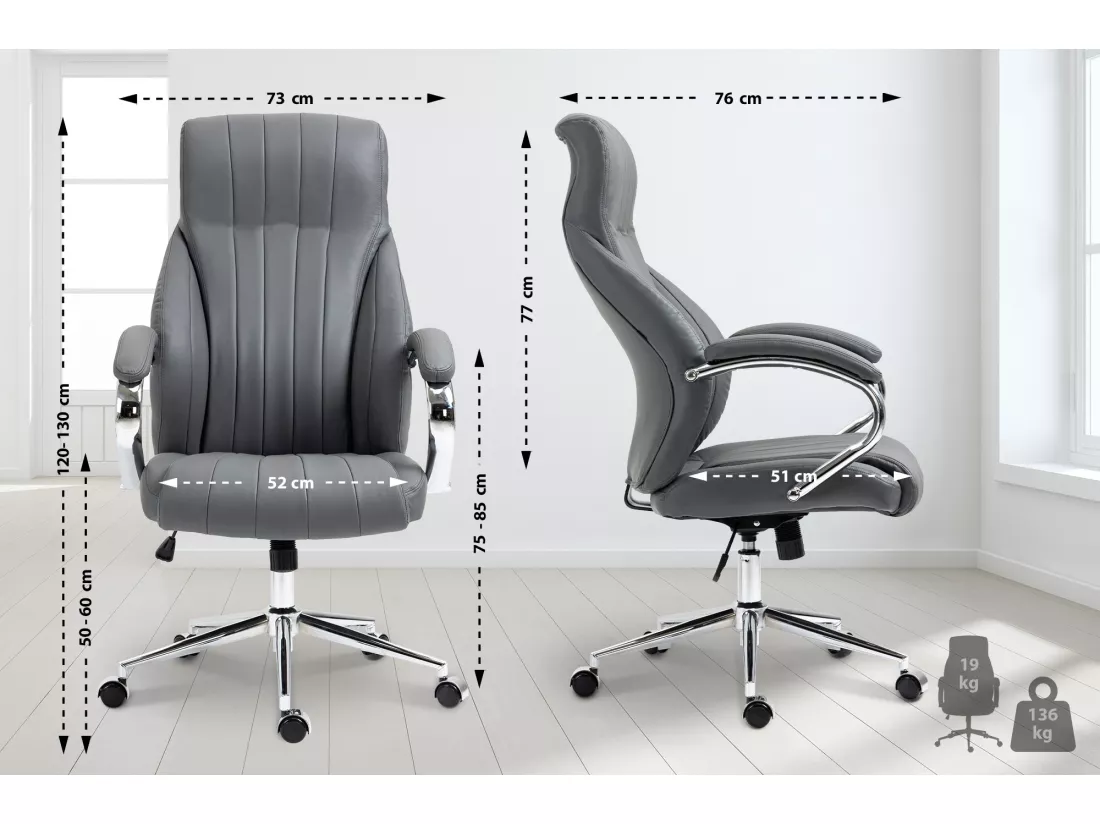 Chaise de bureau - Véritable cuir & Métal chromé - Gris - Wigan