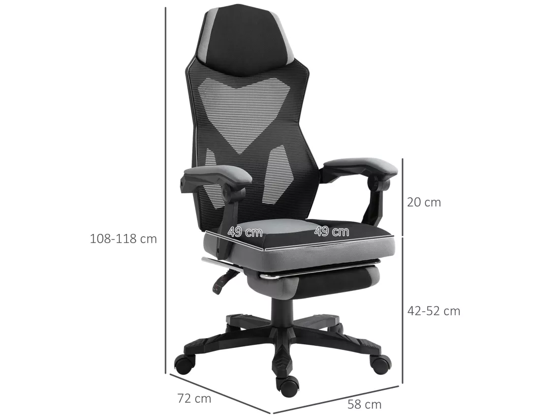 Fauteuil gaming chaise gamer dossier et hauteur réglable roulettes pivotantes repose-pied tissu maille gris noir