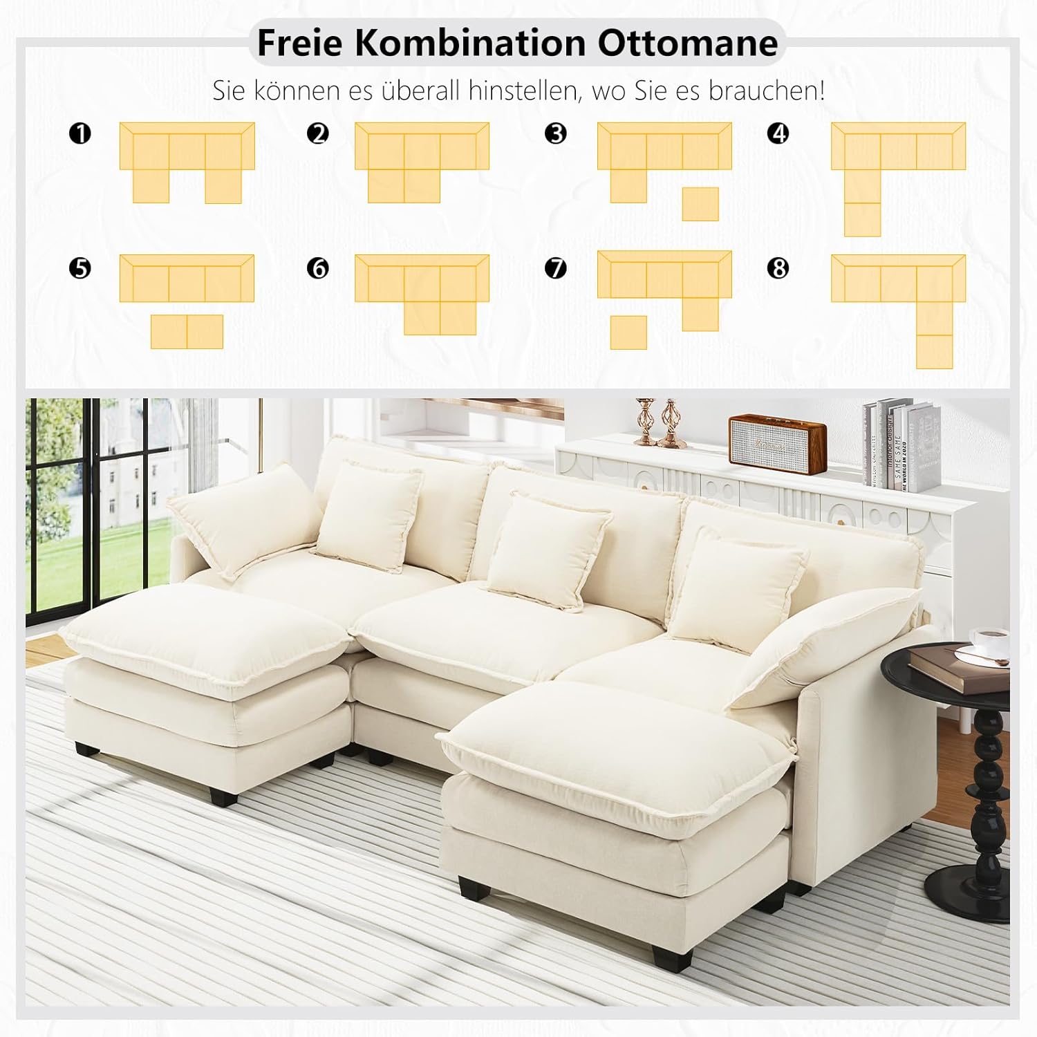 U-Form Cloud Sofa, Modulares Sektionssofa 5-Sitzer mit 2 Ottomanen, Modernes Sofa mit Armlehnen/Dekokissen, Chenille-Stoff, Couch für Wohnzimmer, Beige