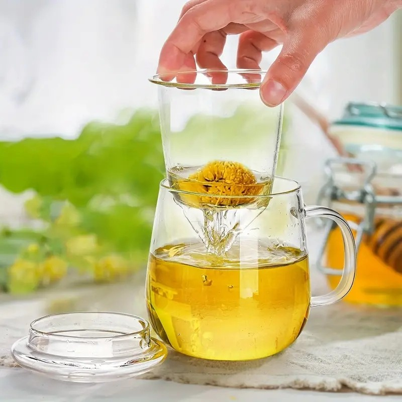 (400ml) Glas Tee Tasse Infuser Cup mit Deckel   Filter Sieb für Losen Tee - Transparent