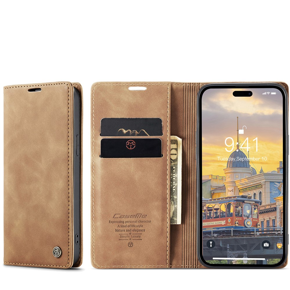 iPhone 15 Pro Leder Tasche Flip Wallet Etui mit Kartenfächern - Braun