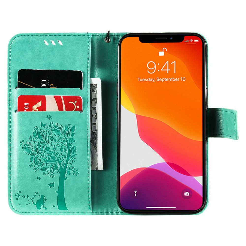 iPhone 14 Leder Tasche Flip Cover Baum Imprint - Türkis