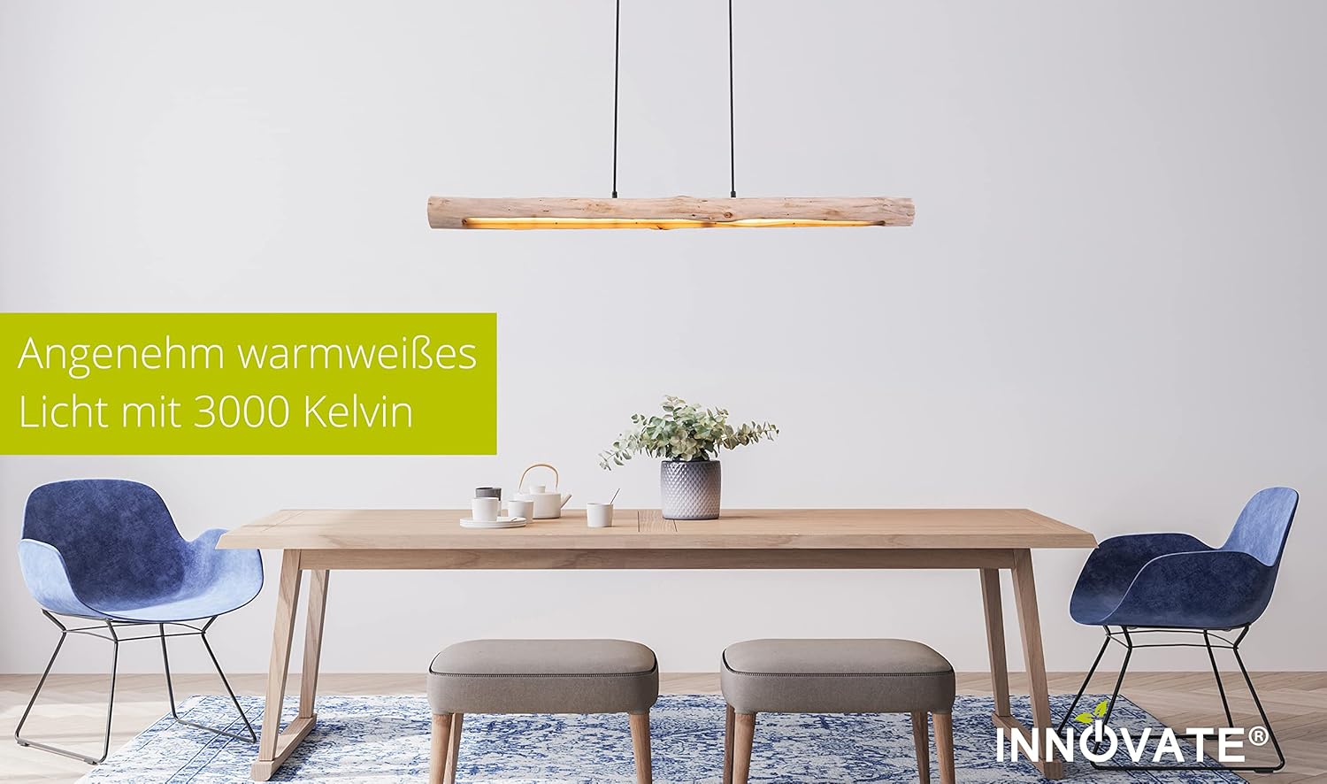 INNOVATE LED Pendelleuchte Holz 3 Stufen dimmbar ohne Dimmer – 120cm breite Hängelampe Holzbalken Rustikal - 3000K warmweiß Pendellampe Alu schwarz – 3 Step Dim Retro Hängeleuchte