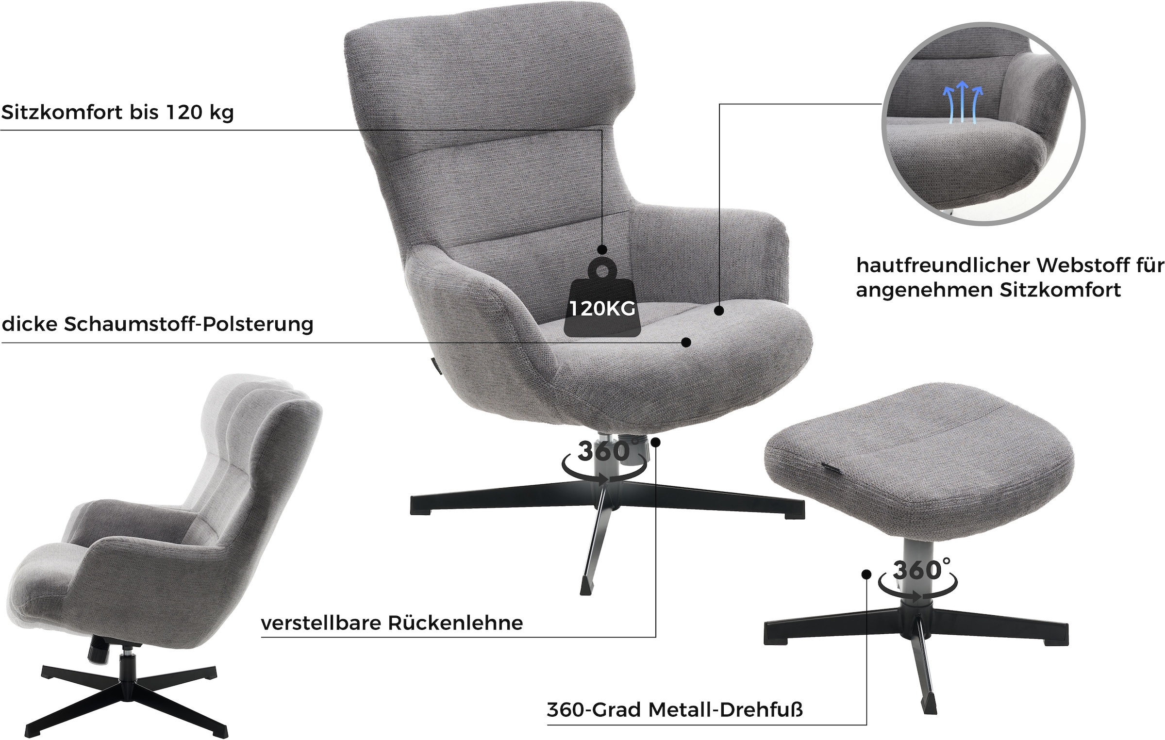 Home affaire Sessel »Clarah Relaxsessel, TV-Sessel mit Hocker« 360° Grad drehbar