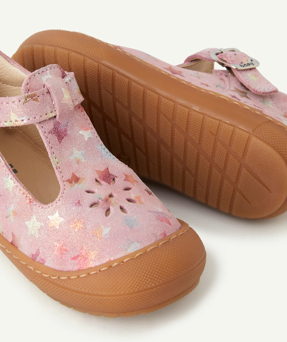 BOPYBOTTINES OUVERTES PREMIERS PAS BÉBÉ EN CUIR ROSE AVEC ÉTOILES