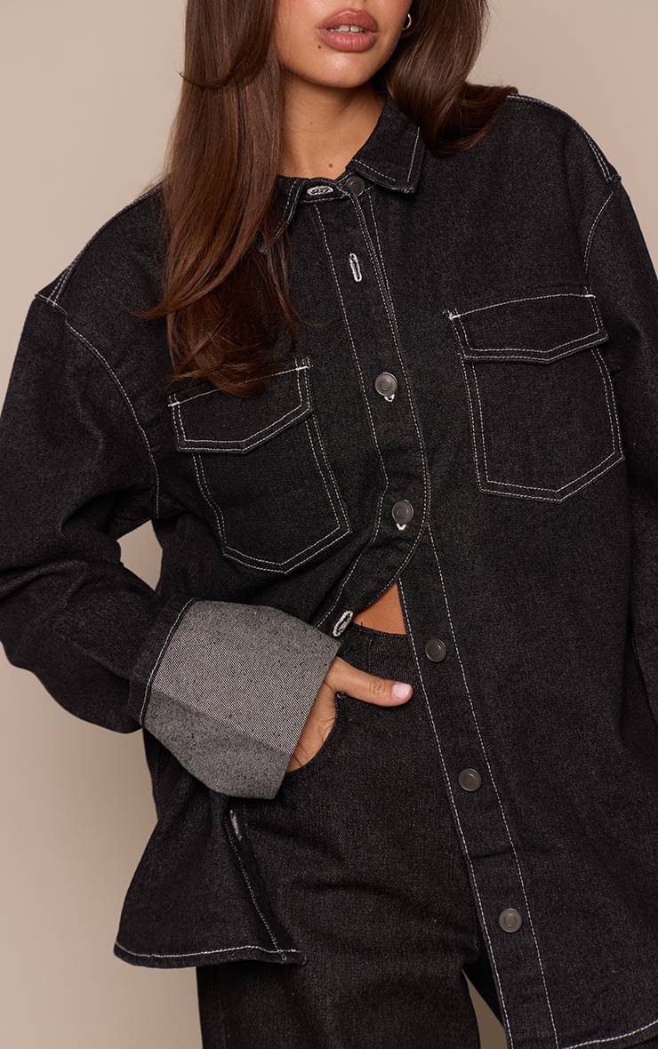 Bleu Chemise En Jean Délavé Indigo Brut Oversize Avec Poignets Retroussés