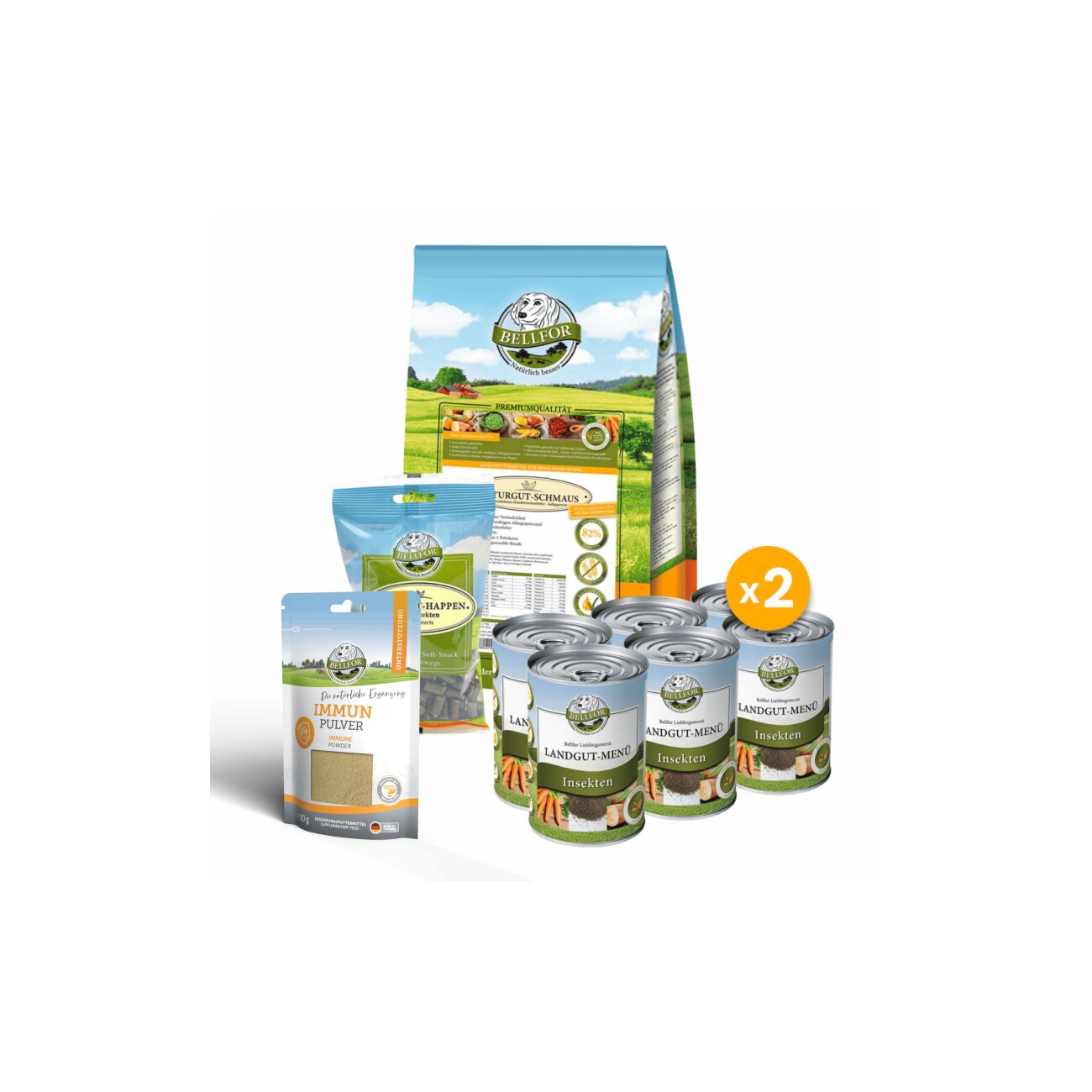 Bellfor Leishmaniose Set für Hunde - Naturgut-Schmaus 4kg + Landgut-Menü 12x400g + Immun Pulver 80g + Landgut-Happen 200g